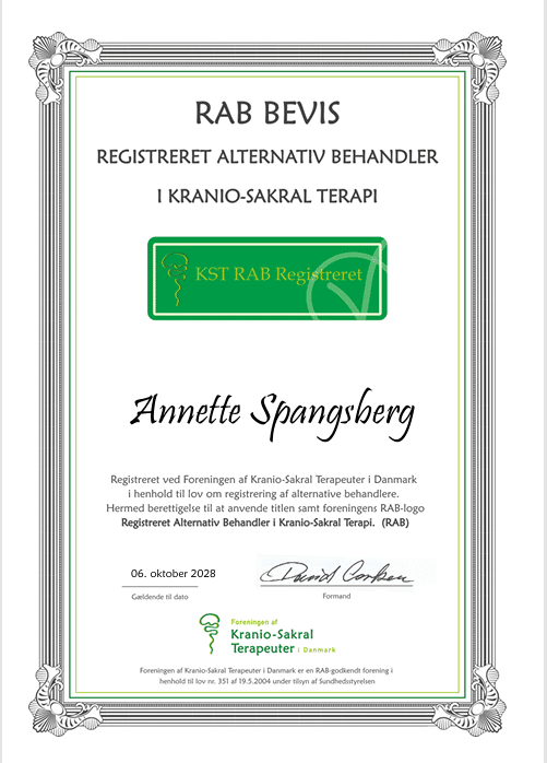 Bevis på RAB-registreret kranio-sakral terapeut